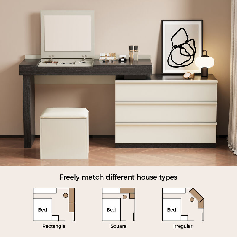 Adjustable L-Shaped Desk with Chair, 3 Drawers, Flippable Mirror & Storage Space for Writing & Vanity 47-70" Black & White