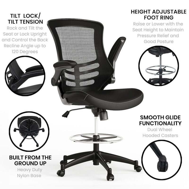 Flash Furniture Mid-Back Black Mesh Ergonomic Drafting Chair with LeatherSoft Seat image number 2