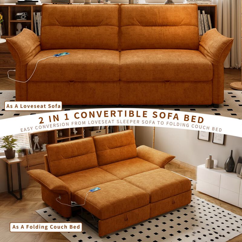 Convertible sleeper sofa bed, Plush fabric pull out futon with USB charging ports, 85 inch sofa bed for small spaces image number 5