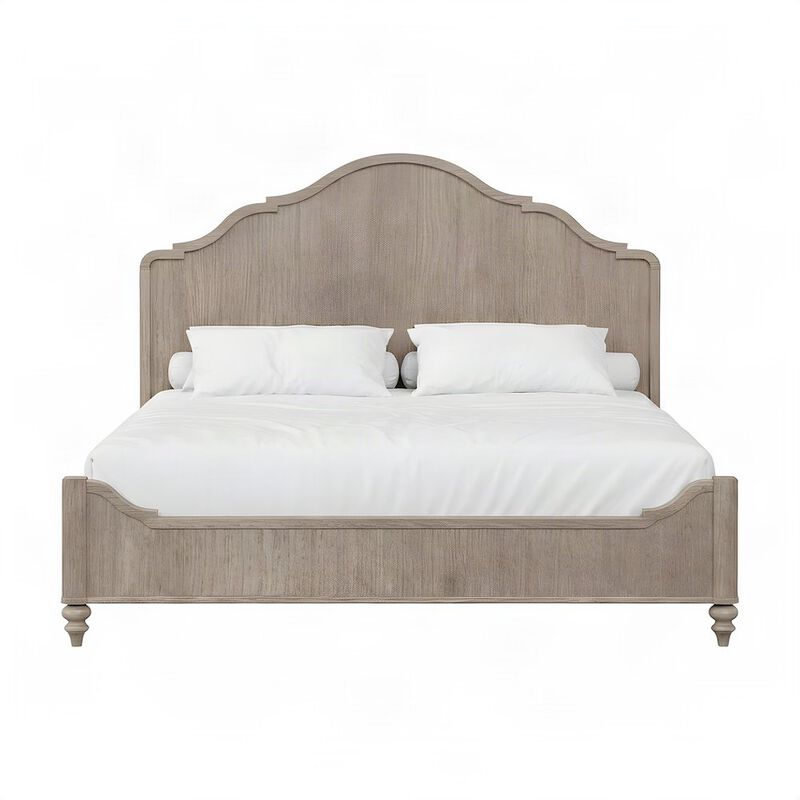 FurniFact Rubberwood and Mindi Veneer King Panel Bed with Tall Headboard, Sand image number 2