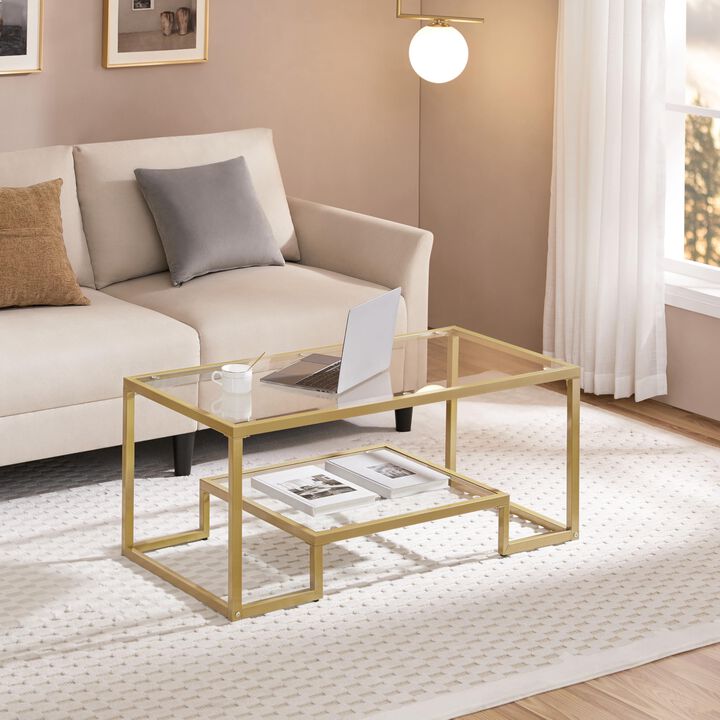 Yaheetech Gold Coffee Table, 42"" Rectangular Glass Coffee Table for Living Room, 2-Tier Center Tea Table with Metal Frame for S