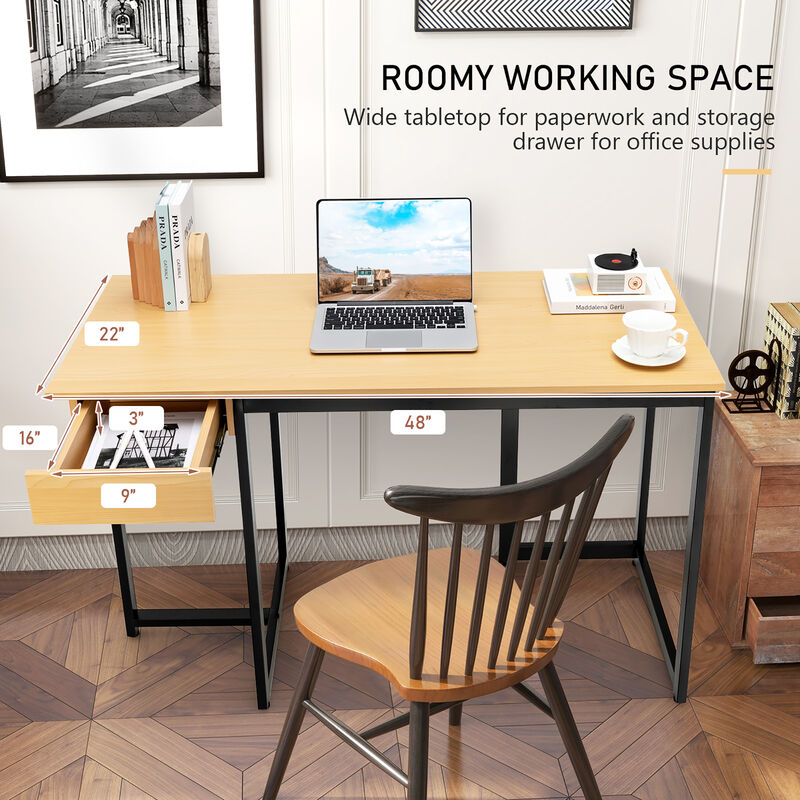 Costway Computer Desk Home Office Gaming Table Workstation Metal Frame with Drawer Natural