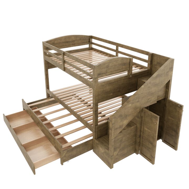 Merax Twin XL White Bunk Bed with Trundle, Storage Staircase, Drawers & Wardrobe