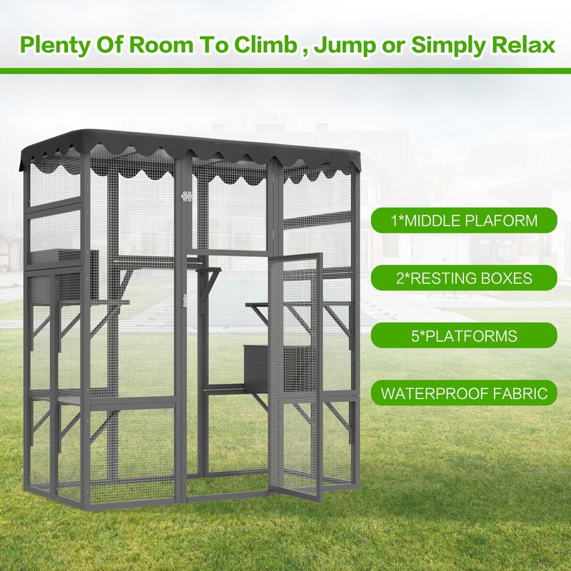 Mondawe Large 6-Level Fir Wood Cat Climbing House W/ Weatherproof Roof,Multi Layer Movable Cat Fence