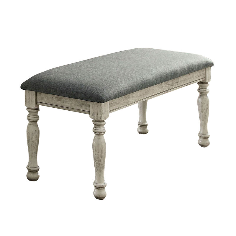 Transitional Fabric Upholstered Wooden Bench, Gray and White-Benzara