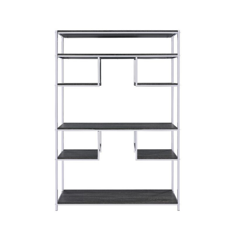 Etagere Bookshelf with 7 Shelves and Geometric Pattern,Silver and Dark Gray