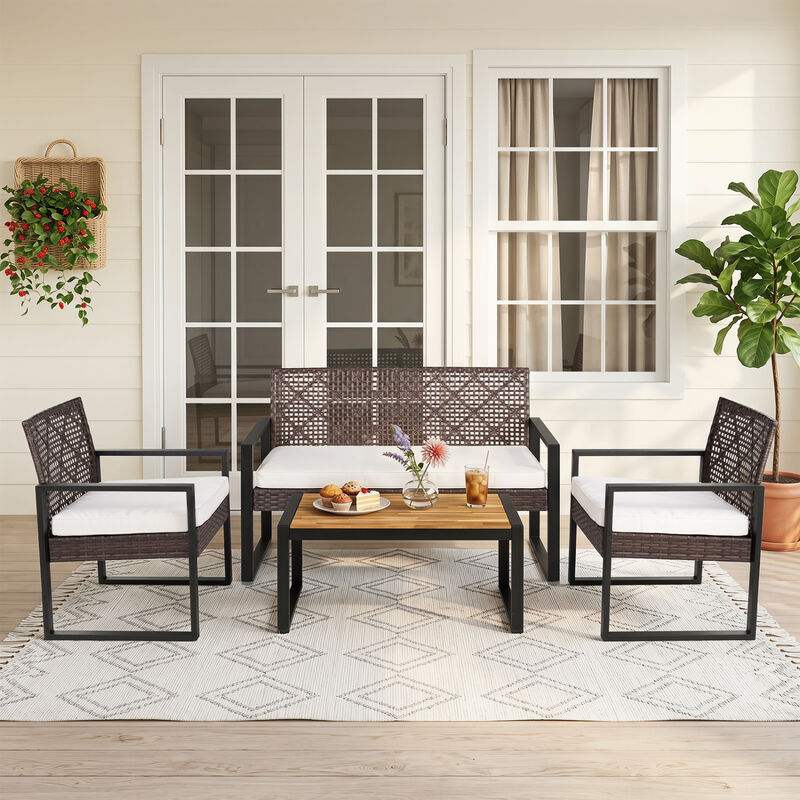 4-Piece Backyard Patio Furniture Set with Acacia Table and Wicker Chairs image number 2
