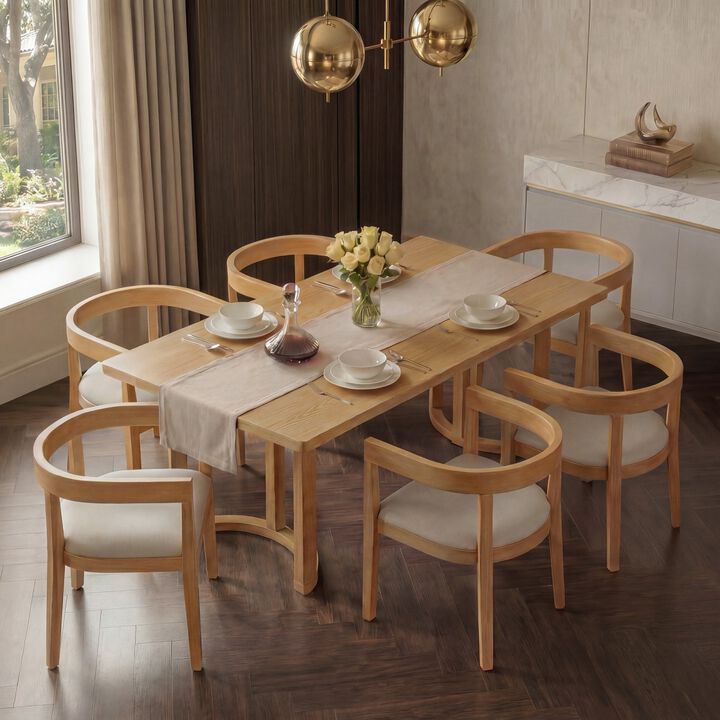 7 Piece Rectangular Dining Table Set with 6 Upholstered Barrel Back Chairs, wood grain kitchen table set, modern dining room table set