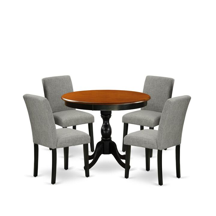 East West Furniture 5-Piece Wood Dining Set Includes a Mid Century Dining Table and 4 Shitake Linen Fabric Parson Chairs with High Back - Black Finish