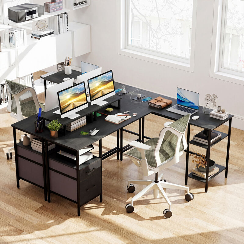 Reversible L Shaped Computer Desk with Power Outlet and Monitor Stands image number 4
