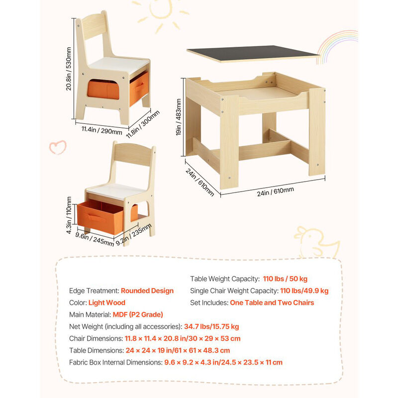 Children's Table and 2 Chairs Set for Drawing, Crafts and Reading-Burlywood Color image number 2
