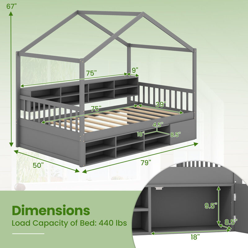 House Bed with Roof with 14 Storage Cubes and Enclosed Cabinet