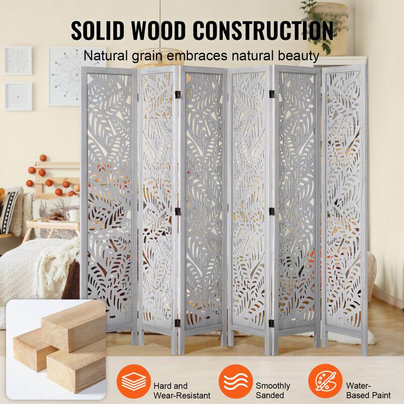 6-Panel Wood Room Divider, Folding Carved Privacy Screen for Home & Office image number 6
