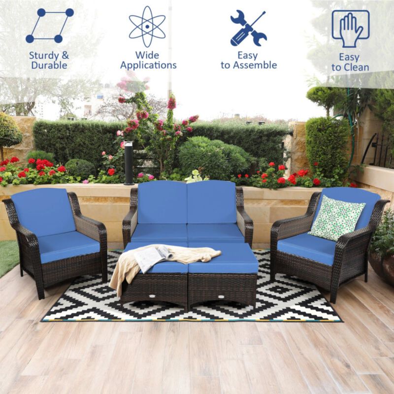 5 Pieces Patio Rattan Sofa Set with Cushion and Ottoman