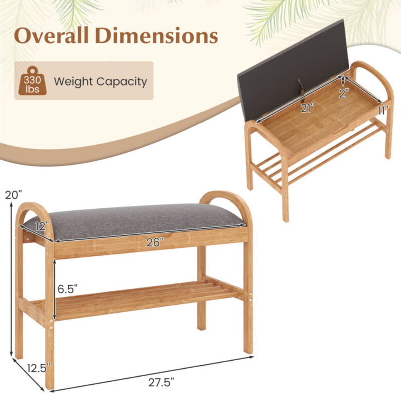 Entryway Wicker Shoe Bench with 2-Tier Storage and Soft Cushion-Natural image number 2