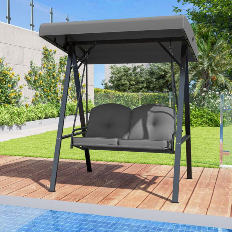 Hivvago 2-Person Outdoor Porch Swing with A-Shaped Metal Stand and Adjustable Canopy