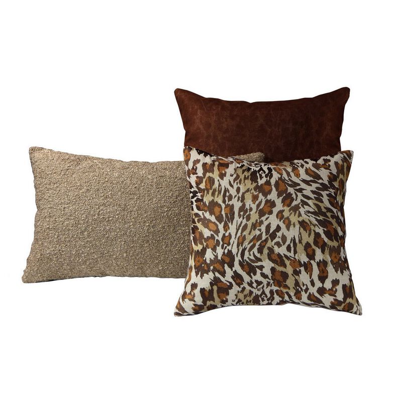 3 Modern Accent Throw Pillows, Animal Print, Sherpa Boucle, Brown, Beige - Benzara