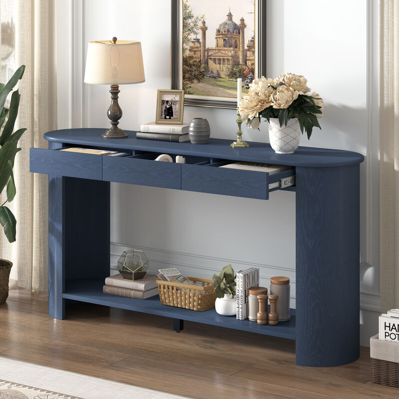 Whisen 59.8" Console Table, Modern Farmhouse with 3 Drawers & Shelf, Oak Veneer Sofa Table for Entryway Living Room Hallway image number 2