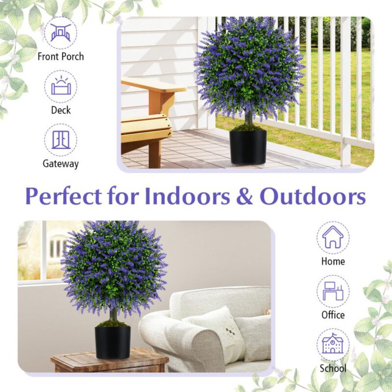 Hivvago 23 Inch Set of 2 Artificial Lavender Topiary Ball Trees with Cement-Filled Pot