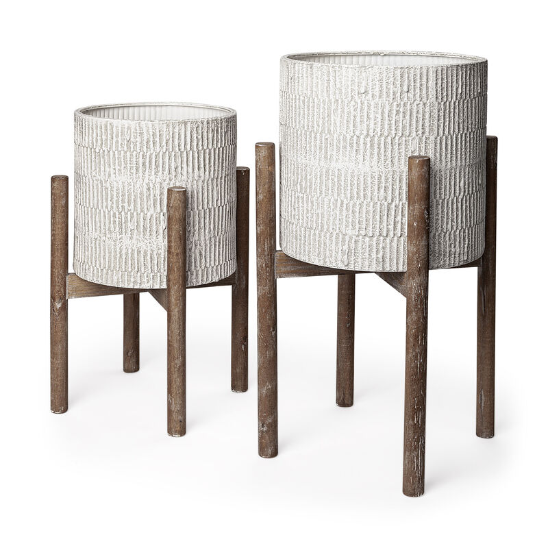 HomeRoots Set of Two Cream And Brown Ceramic And Wood Round Elevated Planters image number 2