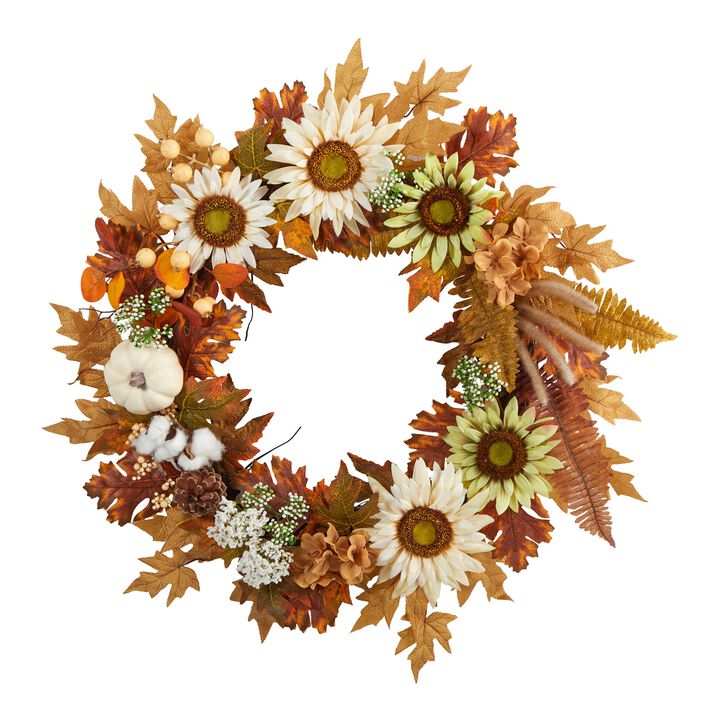HomPlanti 30" Autumn Sunflower, White Pumpkin and Berries Artificial Fall Wreath