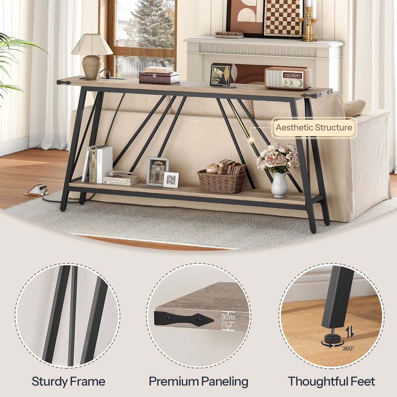 Entryway Console Table with Charging Station and 2 Open Storage Shelves- Greige image number 3