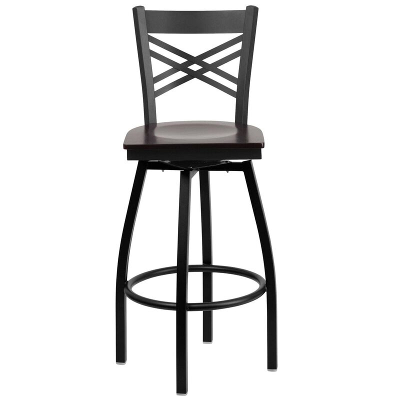 Flash Furniture HERCULES Series Black ''X'' Back Swivel Metal Barstool - Walnut Wood Seat