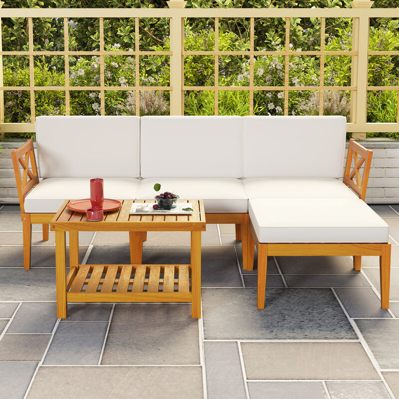 5-Piece Patio Furniture Set with Cushions & 2-Tier Coffee Table for Outdoor Seating
