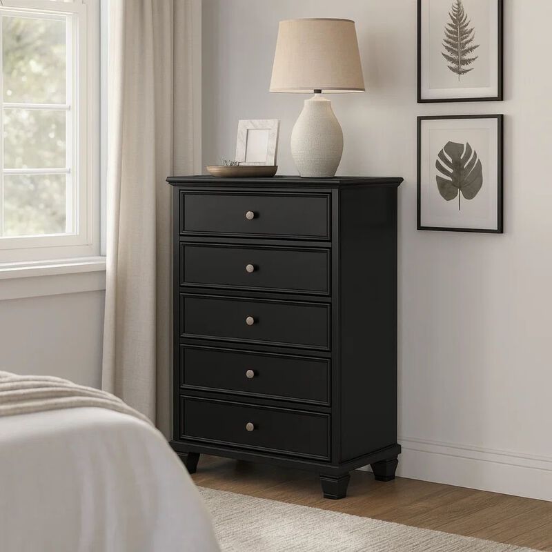 Lemo Tall Dresser Chest, 5 Drawer, Nickel Round Knob, Black Solid Wood image number 6
