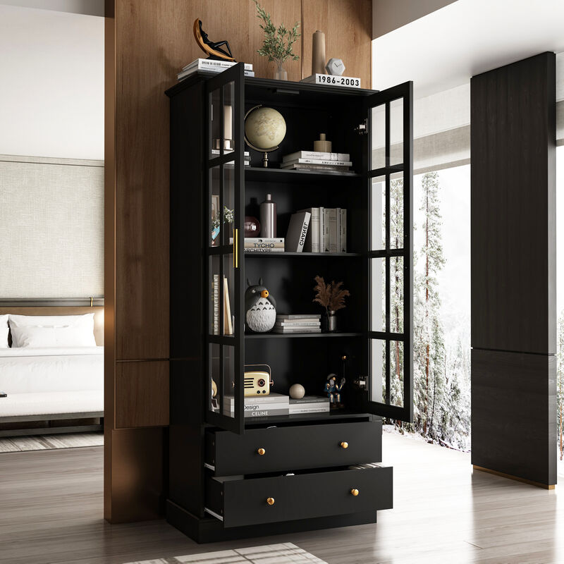 FUFU&GAGA Modern Bookcase with Glass Doors, 3 Fixed Shelves, and Spacious Drawers, Elegant Storage Cabinet for Living Room, Office, and Bedroom (70.1"H x 31.5"W x 15.4"D) image number 4