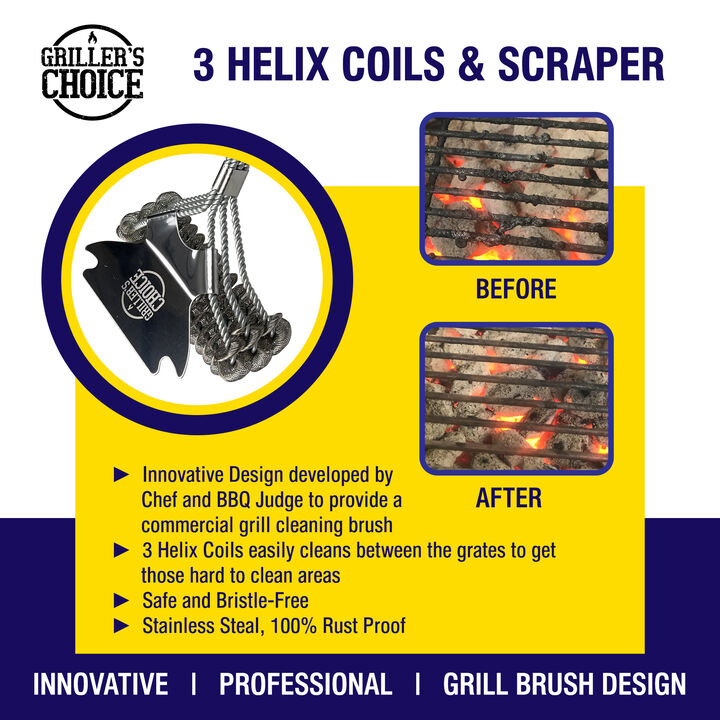Griller's Choice 3 Headed Double Helix Coils with Scraper, Bristle Free, 18" Long Handle, All Grill Types.