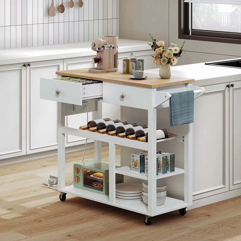 Rolling Kitchen Island with Storage Drawers and Built-In Charging Station- White image number 3