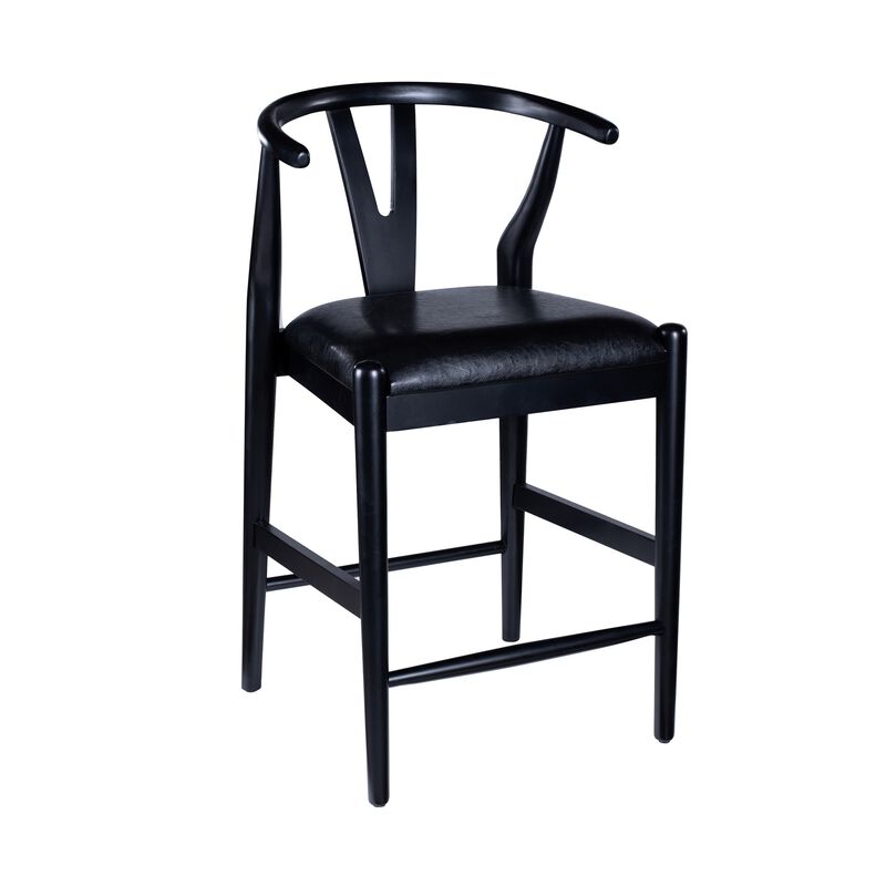 Cera Counter Stool Chair Set of 2, Faux Leather Seat, Black Rubberwood - Benzara