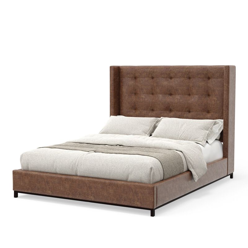 Domy King Bed, Brown Faux Leather Upholstery, Wingback Headboard - Benzara image number 3