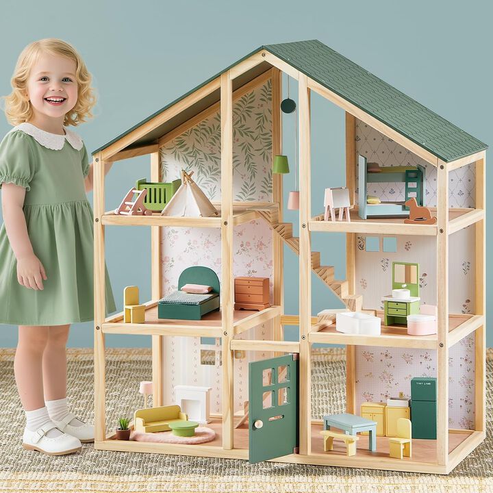 Wooden Dollhouse - 6 Rooms Wooden Doll House, DIY Pretend Doll House with 31Pcs Furniture Accessories, Creative Gift for Girl