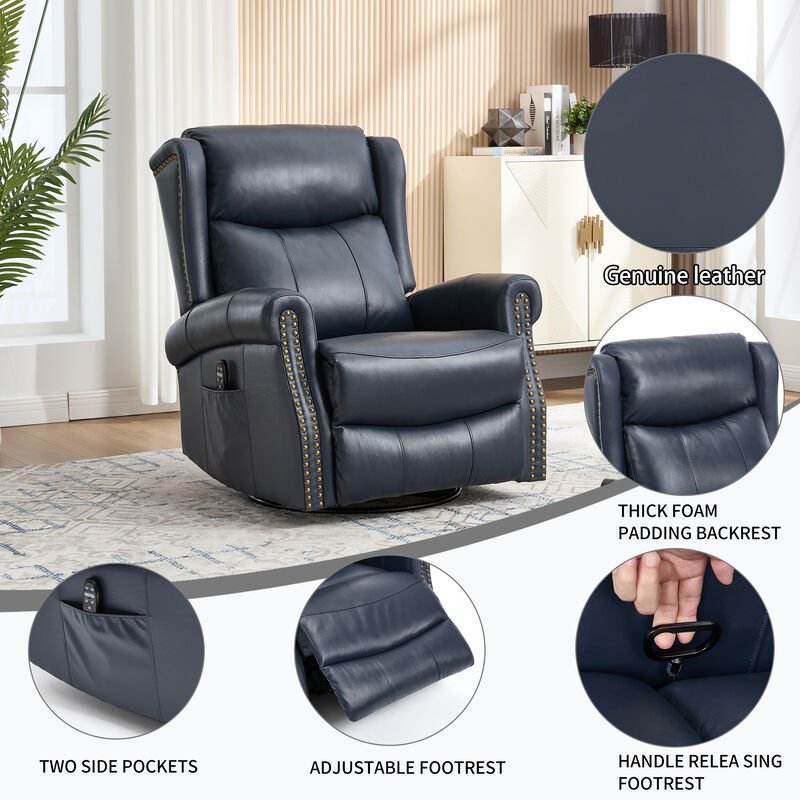 Genuine leather Heat Massage Manual Recliner Chair with Rocker and Swivel for Living Room image number 9