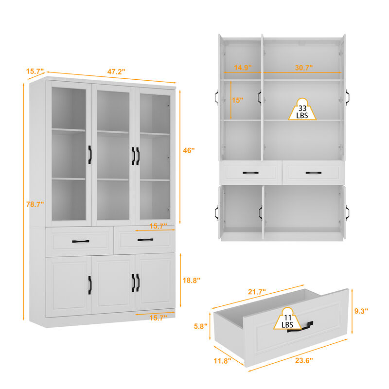 FUFU&GAGA Bookcase with Glass Doors, Drawers, and Storage Cabinets (47.2" W x 15.7" D x 78.7" H) White