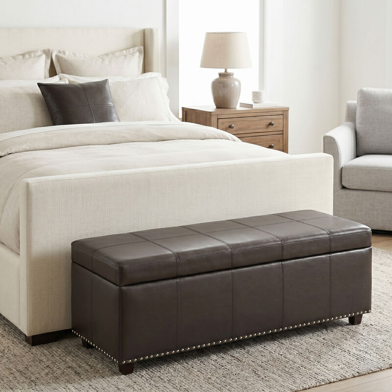 Kingsley 48 inch Wide Transitional Rectangle Large Storage Ottoman in Coffee Brown Vegan Faux Leather, Assembled image number 1