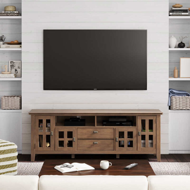 Artisan SOLID WOOD 72 inch Wide Contemporary TV Media Stand in Rustic Natural Aged Brown For TVs up to 80 inches