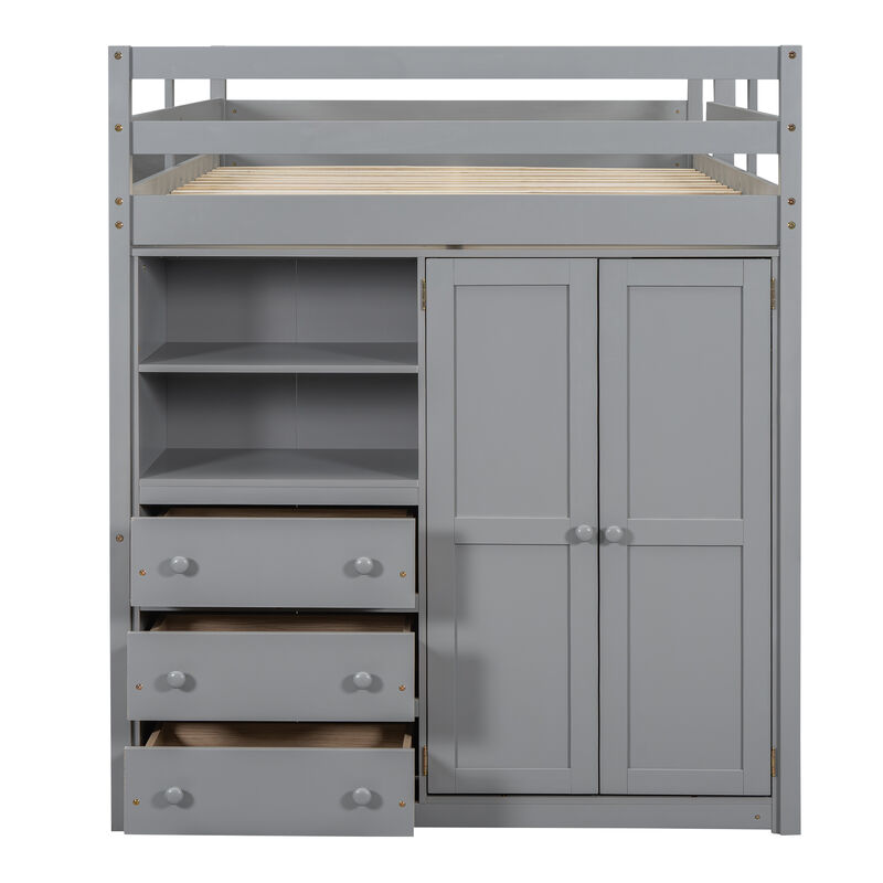 Whisen Wood Full Size Loft Bed with Built-in Wardrobe, Desk, Storage Shelves and Drawers- Grey