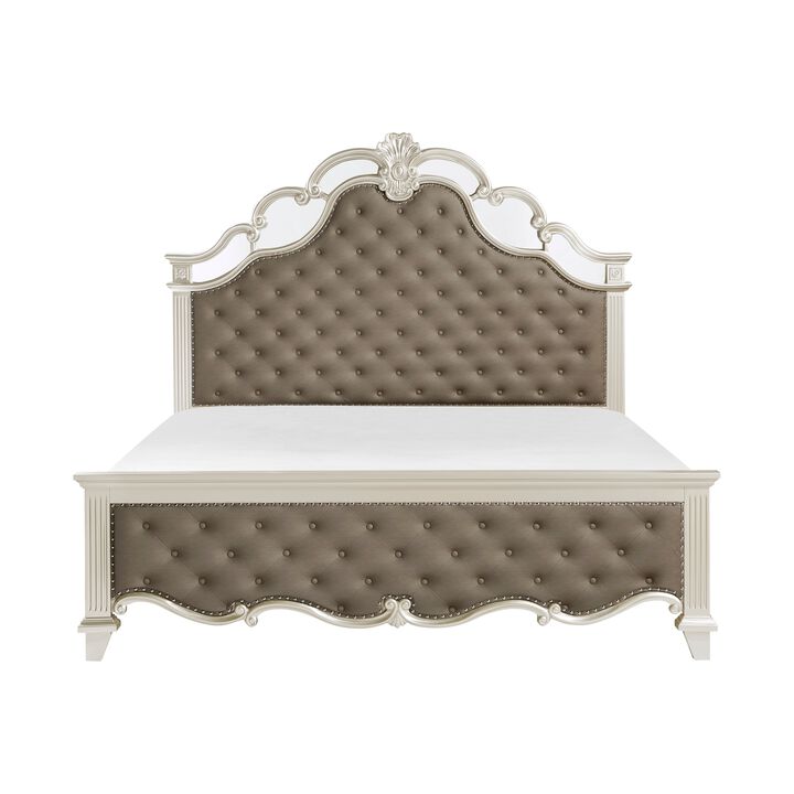 Xeni Queen Bed, Button Tufted Vegan Faux Leather Upholstery, Champagne - Benzara