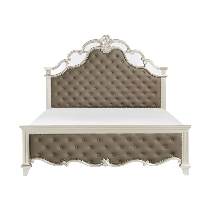 Xeni Queen Bed, Button Tufted Vegan Faux Leather Upholstery, Champagne - Benzara