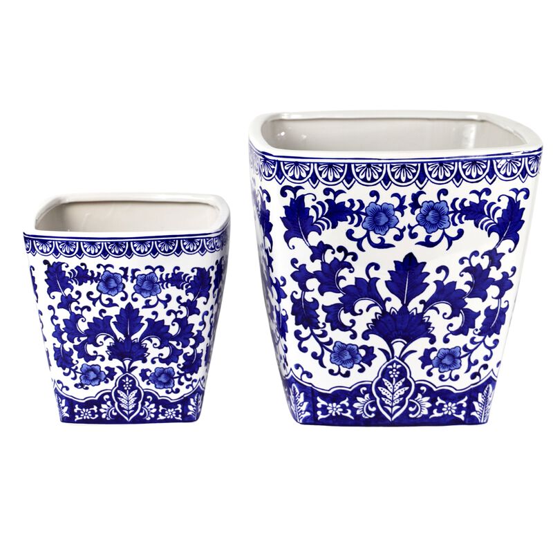 Euro Ceramica Blue and White 14" Camelia Ceramic Garden Planter - Large image number 1