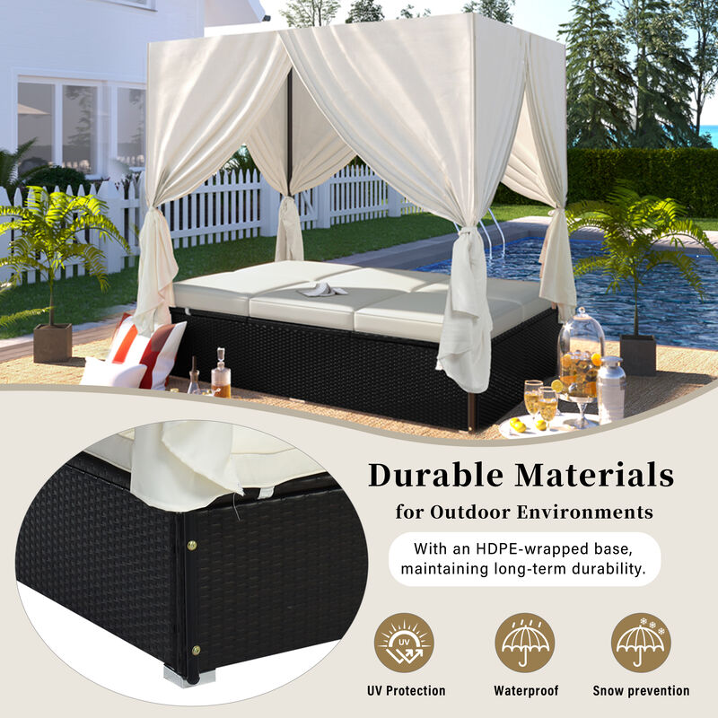 Merax Patio Daybed with 2 Separate Cushions, Adjustable Recline, Curtains for Sun Blocking image number 3