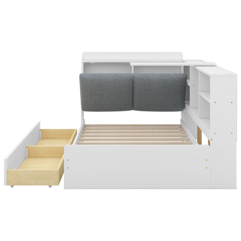 Whisen Wood platform bed with Storage Headboard, Shelves and 2 Drawers