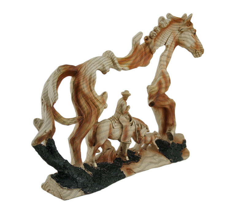 Horse and Cowboy Faux Wood Carving Statue