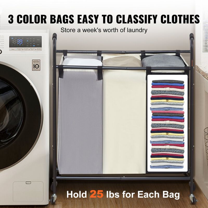 3-Compartment Laundry Organizer with Wheels, Ideal for Bedroom or Laundry Room