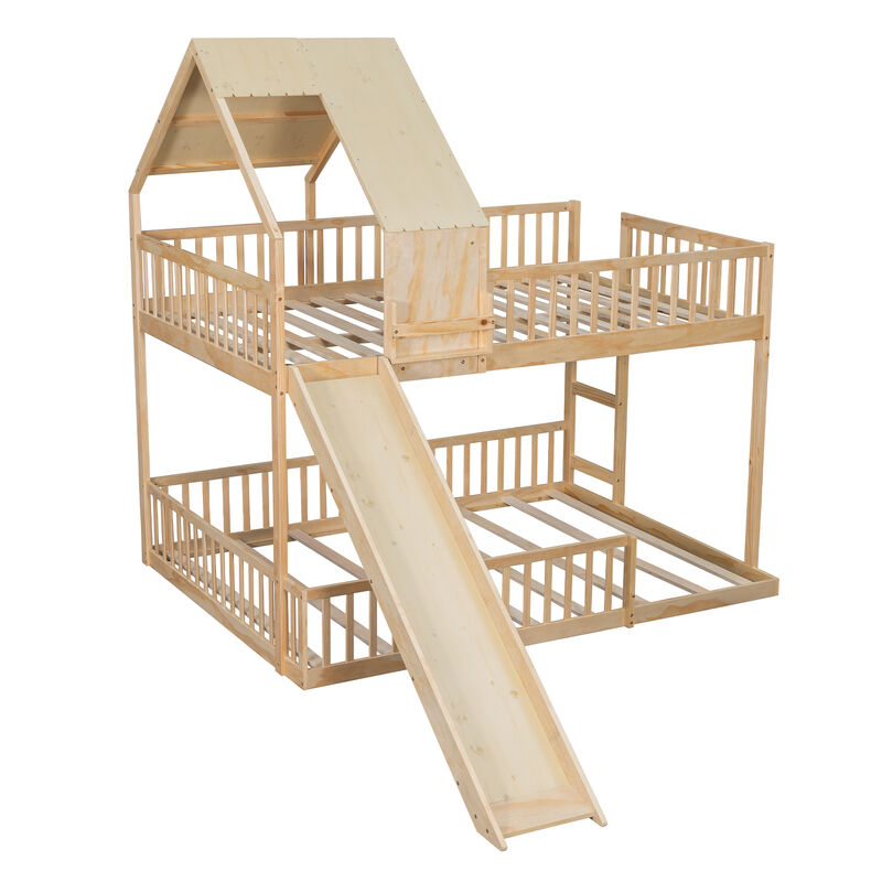 Merax Full XL over Queen House Bunk Bed with Slide, Solid Wood Frame image number 0