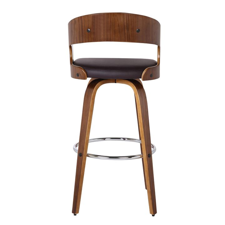26 Inch Swivel Faux Leather Counter Height Barstool with Open Back, Brown - Benzara