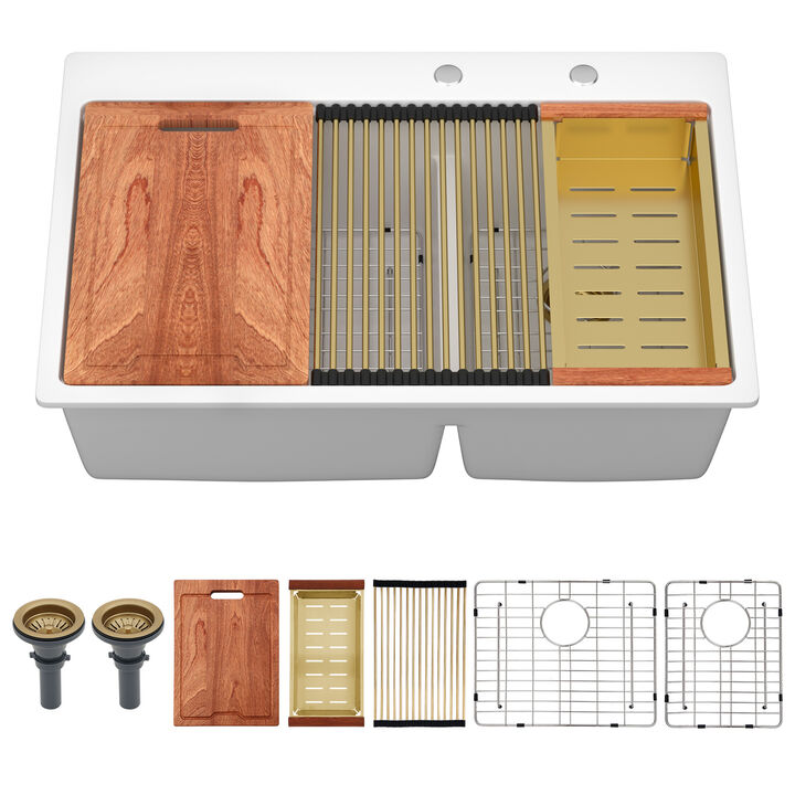 33x22x10 Inch White Granite Composite Workstation kitchen Sink Low Divide 60/40 Double Bowl Quartz Drop In Kitchen Sink